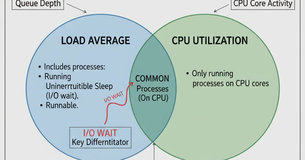 A Venn diagram showing the overlap and differences between Load Average and CPU Utilization, highlighting I/O wait as a key differentiator.