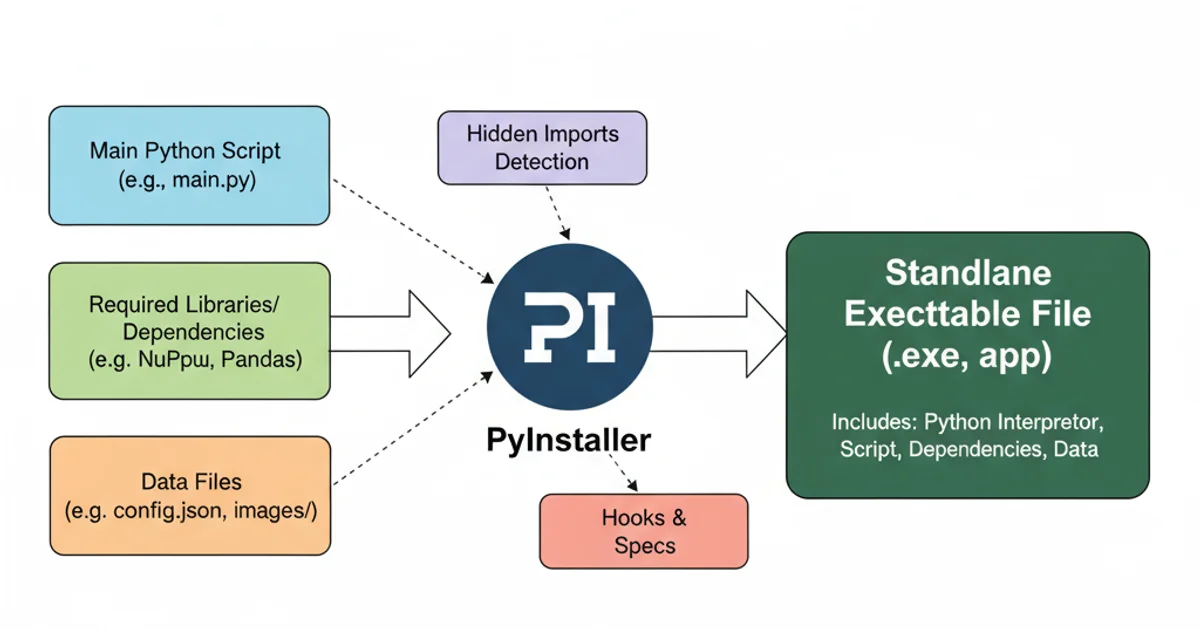 Diagram showing PyInstaller bundling a Python script, its dependencies, and data files into a single executable.
