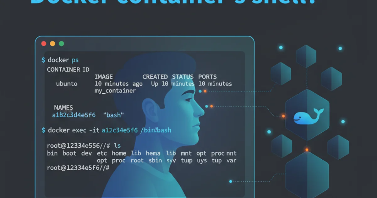 Illustration of a person interacting with a Docker container through a terminal window.