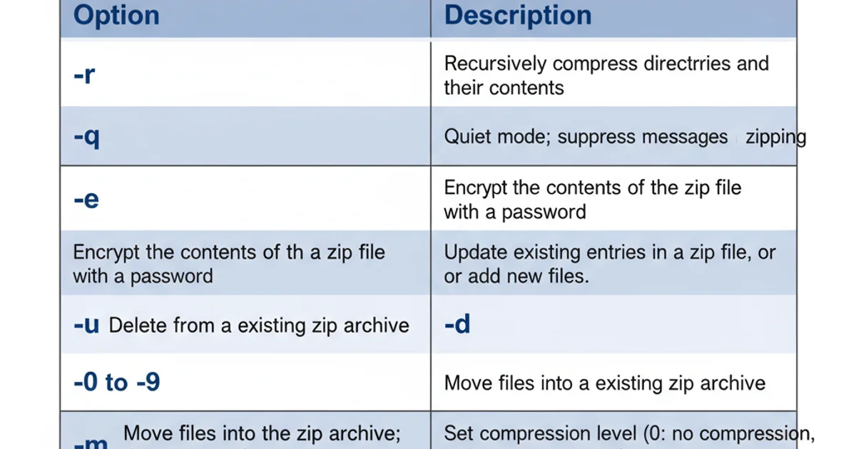 A table summarizing common zip command options and their descriptions.
