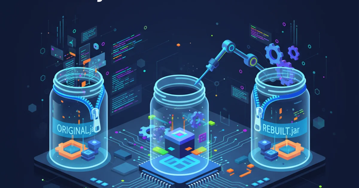 Illustration of a JAR file being opened, modified, and then re-sealed, representing the rebuilding process.