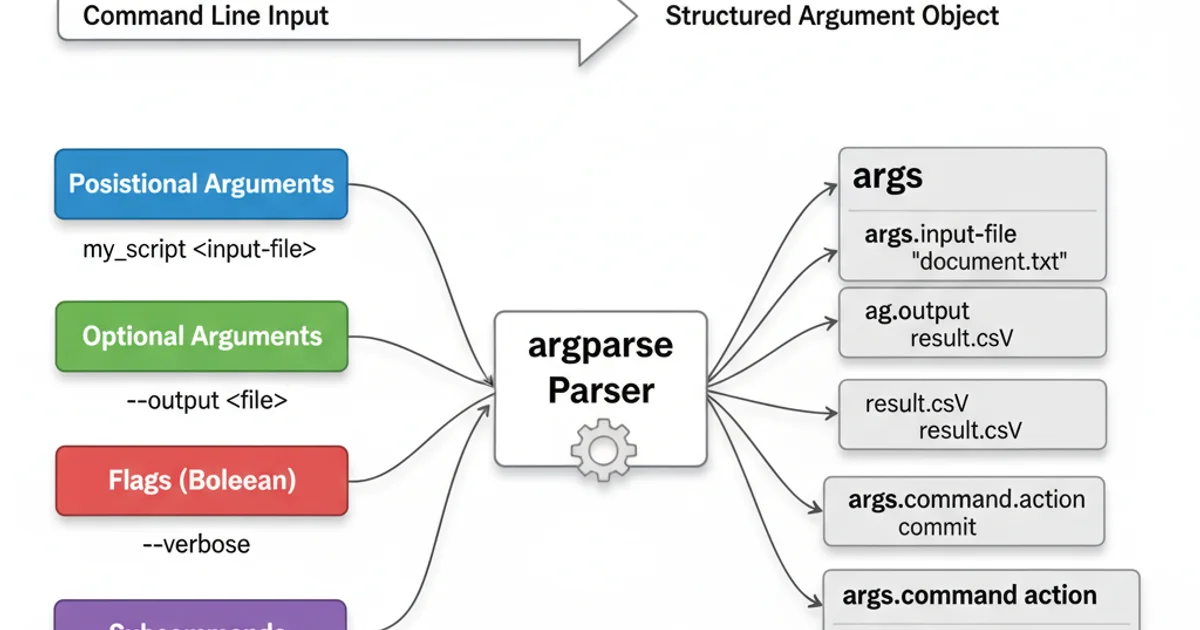 Conceptual diagram showing how argparse handles different argument types: positional, optional, flags, and subcommands, leading to a structured argument object.