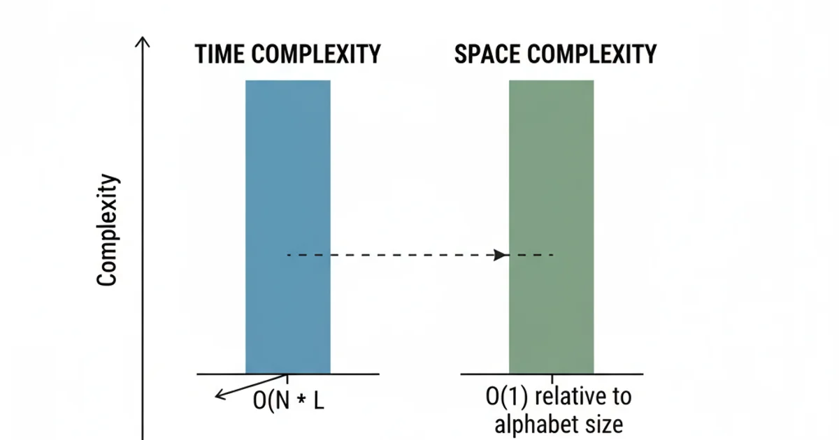 A bar chart comparing the time and space complexity of the algorithm, showing linear time complexity O(N*L) and constant space complexity O(1) relative to alphabet size.