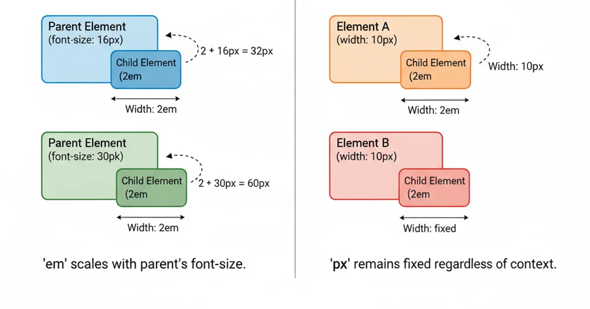 Diagram illustrating how 'em' scales with font-size and 'px' remains fixed
