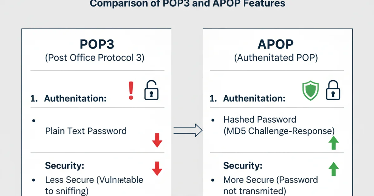 Table comparing POP3 and APOP features, highlighting plain text vs. hashed password authentication.