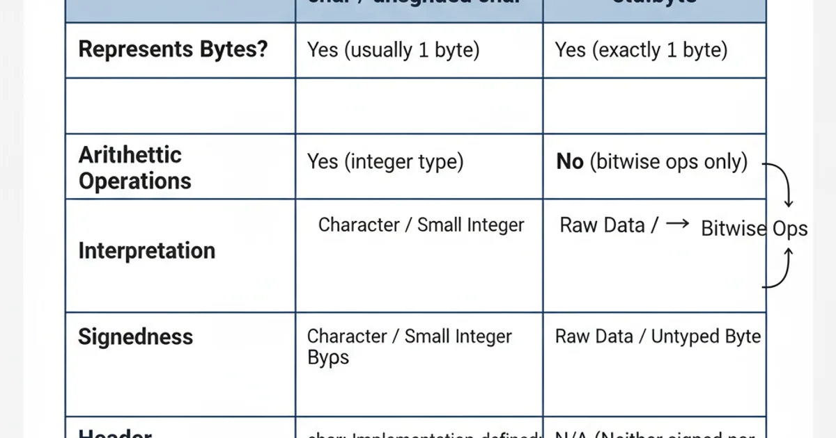 Comparison table showing features of char, unsigned char, and std::byte.