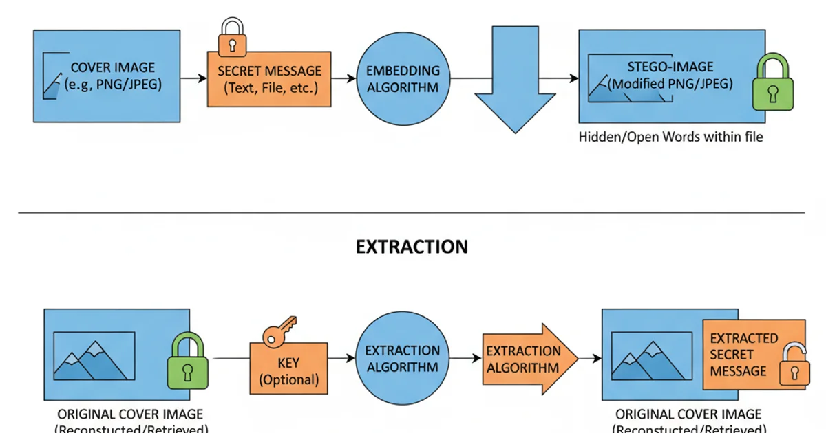 Diagram illustrating the concept of steganography, showing a message being embedded into a cover image to produce a stego-image, and then extracted.