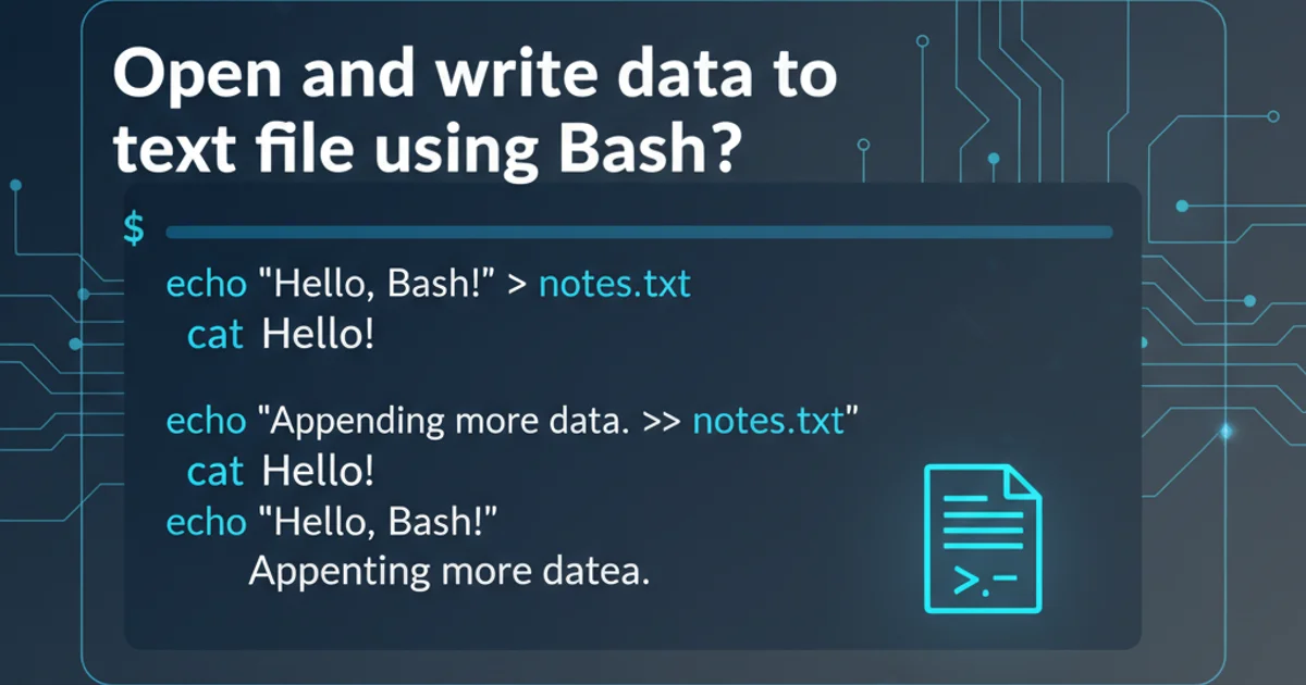 A stylized terminal window showing text file operations with Bash commands.
