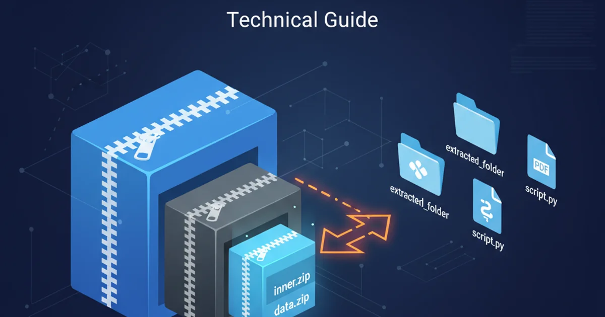 Illustration of nested zip files, one inside another, with an arrow pointing to extracted content.