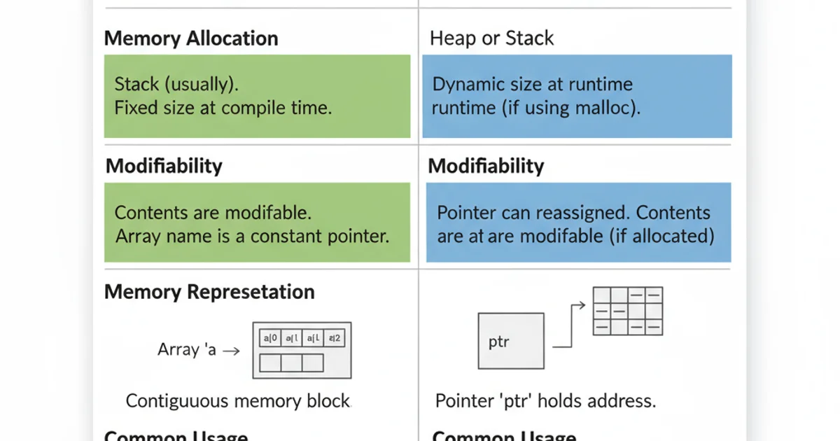 Table comparing char array and char pointer characteristics