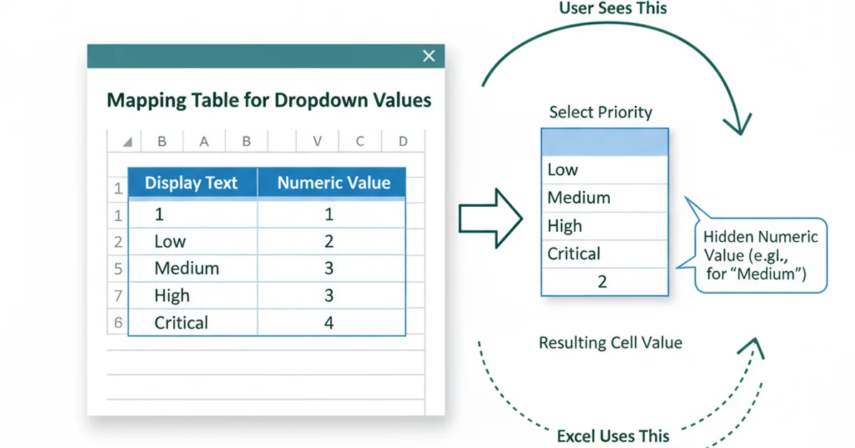 Screenshot of an Excel sheet showing a mapping table with 'Display Text' and 'Numeric Value' columns.