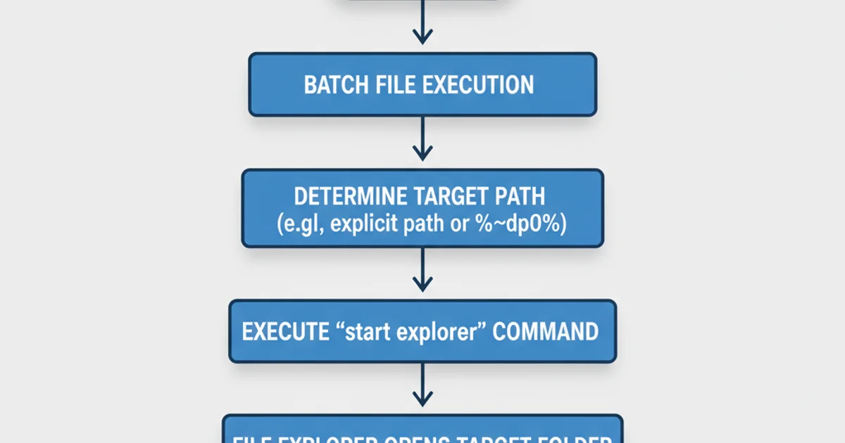 A flowchart illustrating the process of a batch file opening a folder. Start node, then 'Batch file execution', 'Determine target path (e.g., explicit path or %~dp0)', 'Execute start explorer command', 'File Explorer opens target folder', End node. Use blue boxes for actions, green for start/end, arrows showing flow direction.