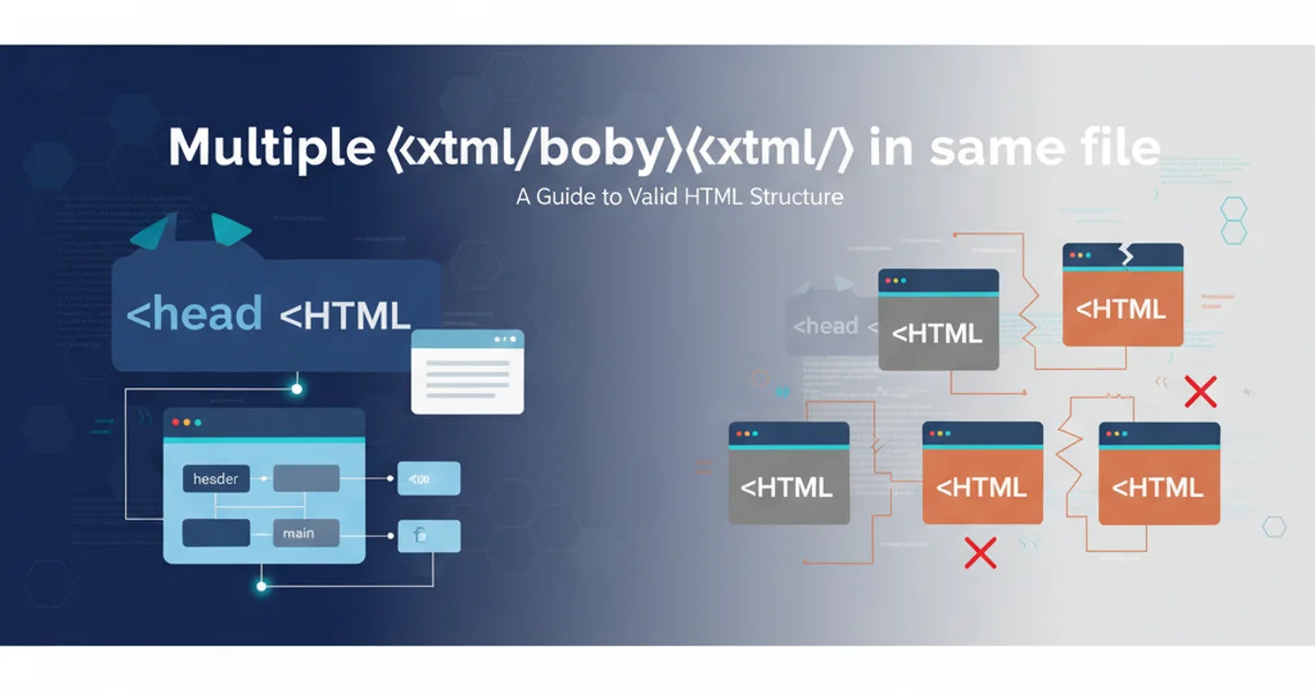 Illustration of a single, well-formed HTML document structure with nested tags, contrasting with a fragmented, invalid structure.