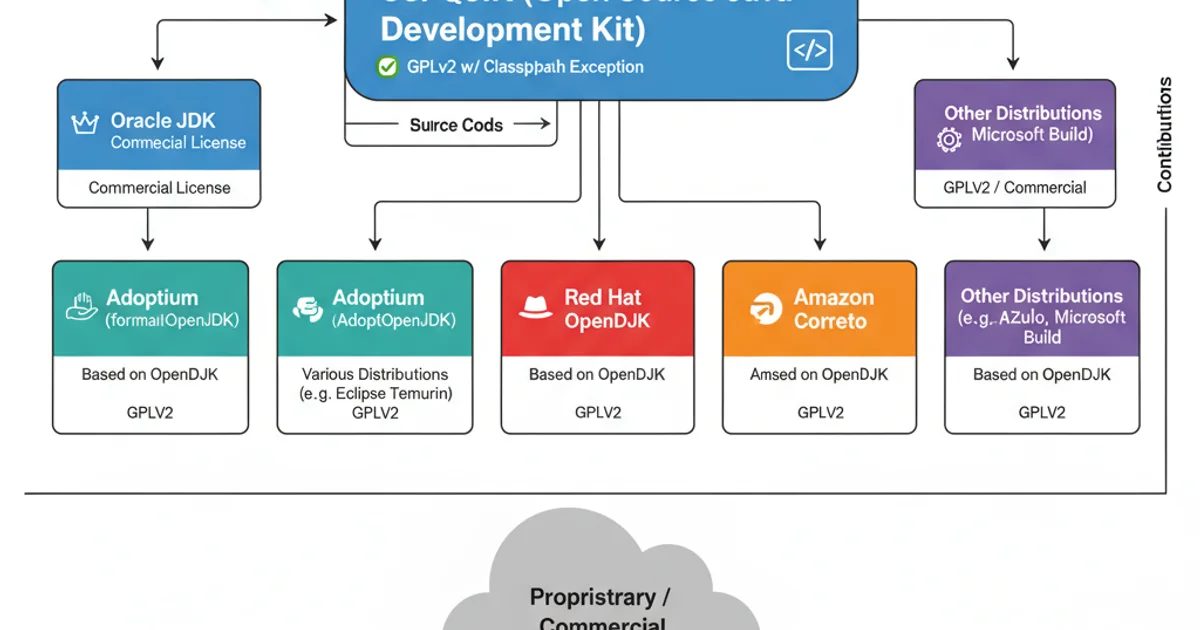 Diagram showing the relationship between OpenJDK, various JDK distributions, and proprietary applications