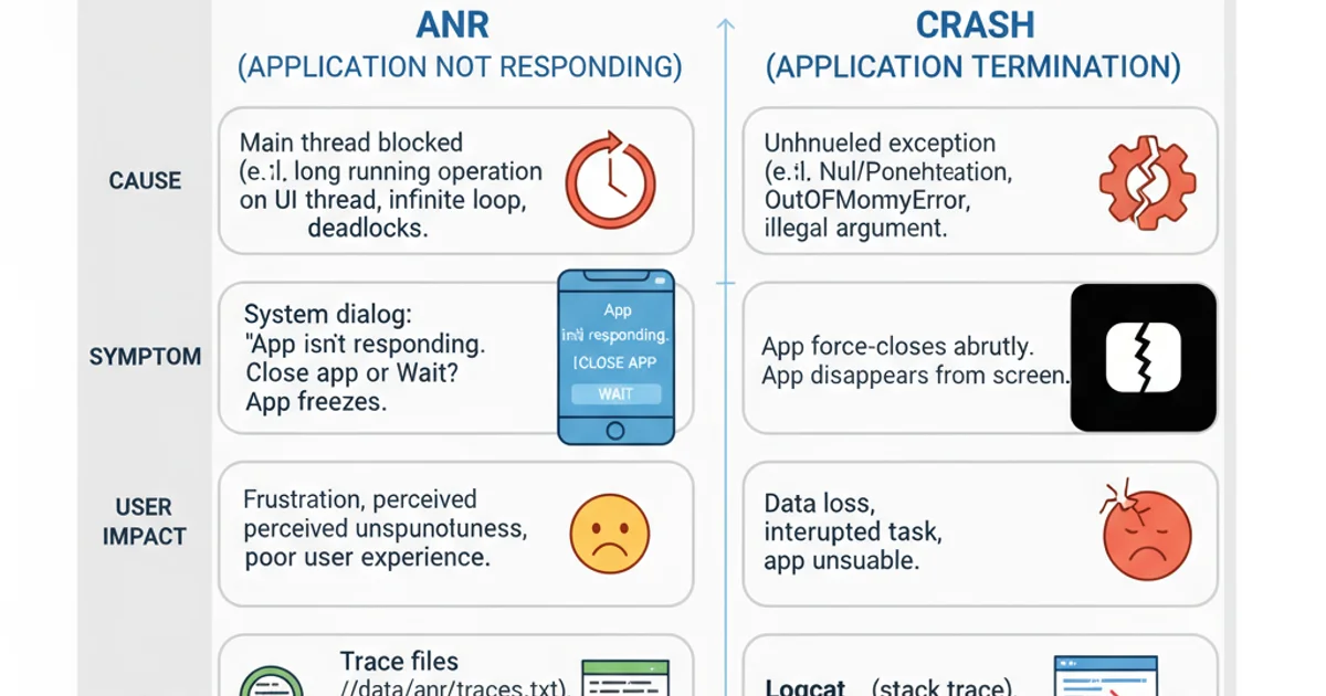 Table comparing ANR and Crash characteristics including cause, symptom, user impact, and diagnosis.