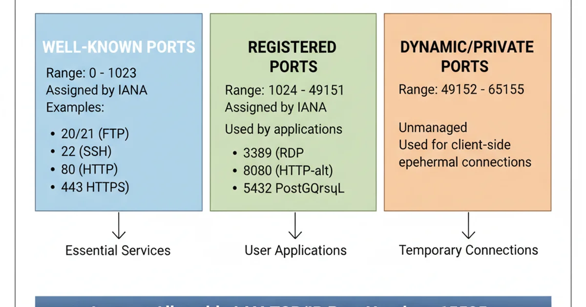 Diagram illustrating the three categories of TCP/IP port numbers: Well-Known, Registered, and Dynamic/Private.
