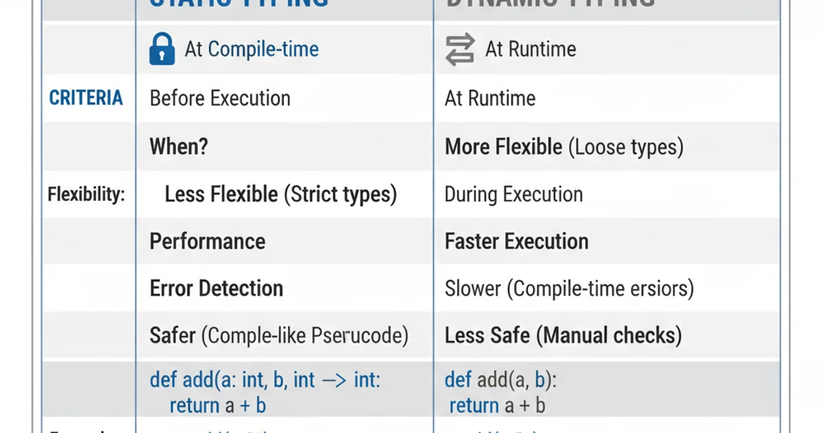 Comparison table highlighting key differences between static and dynamic typing across various criteria.