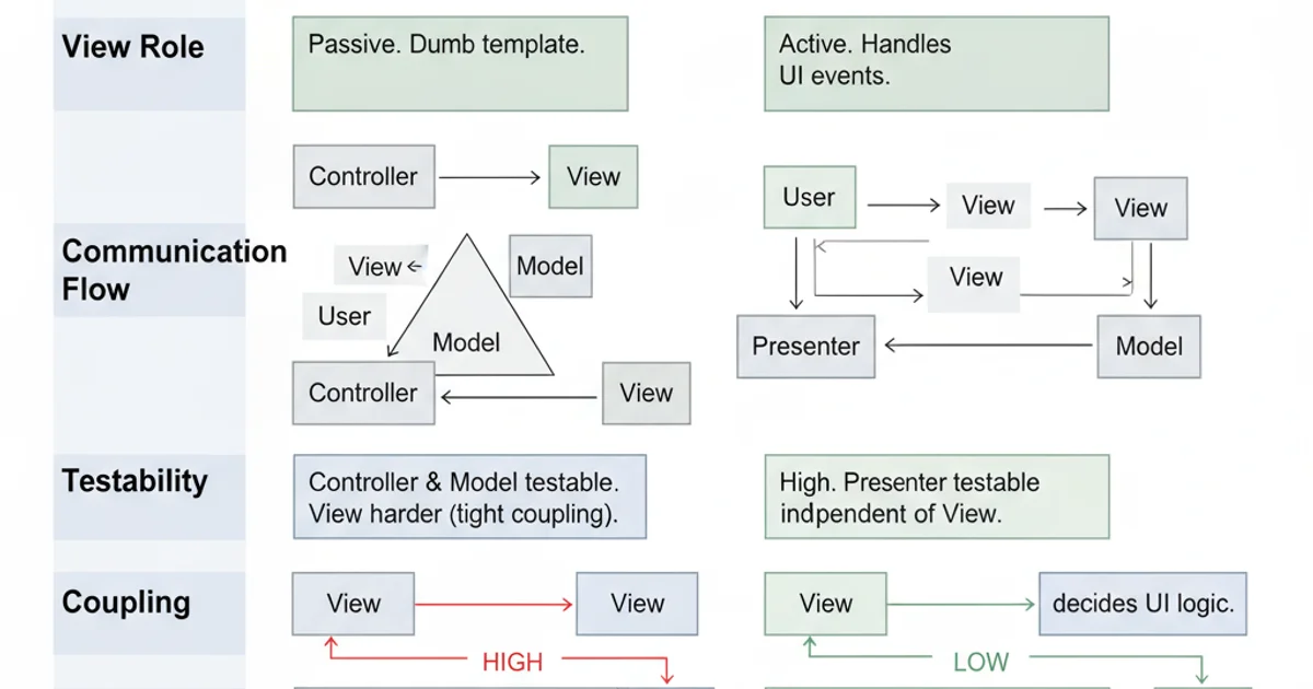 Comparison table highlighting the differences between MVC and MVP patterns across various aspects like View role, testability, and coupling.
