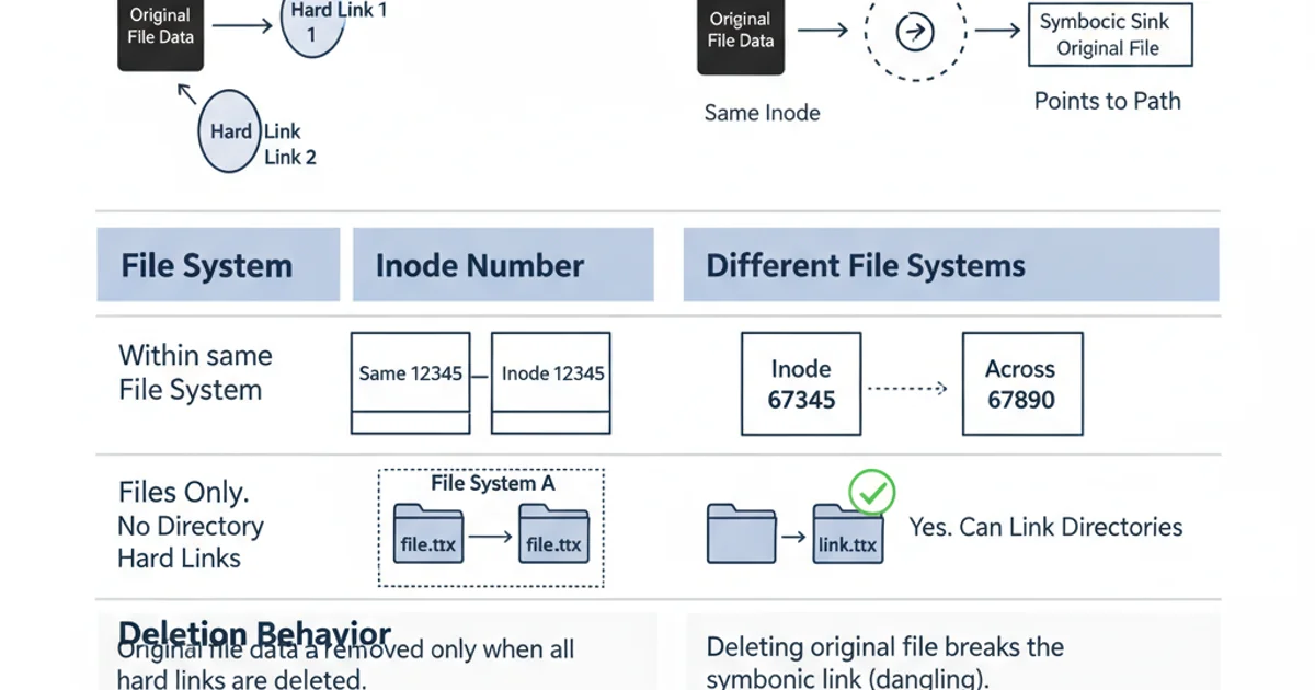 Table comparing hard links and symbolic links across various attributes like inode, file system, directories, and deletion behavior.