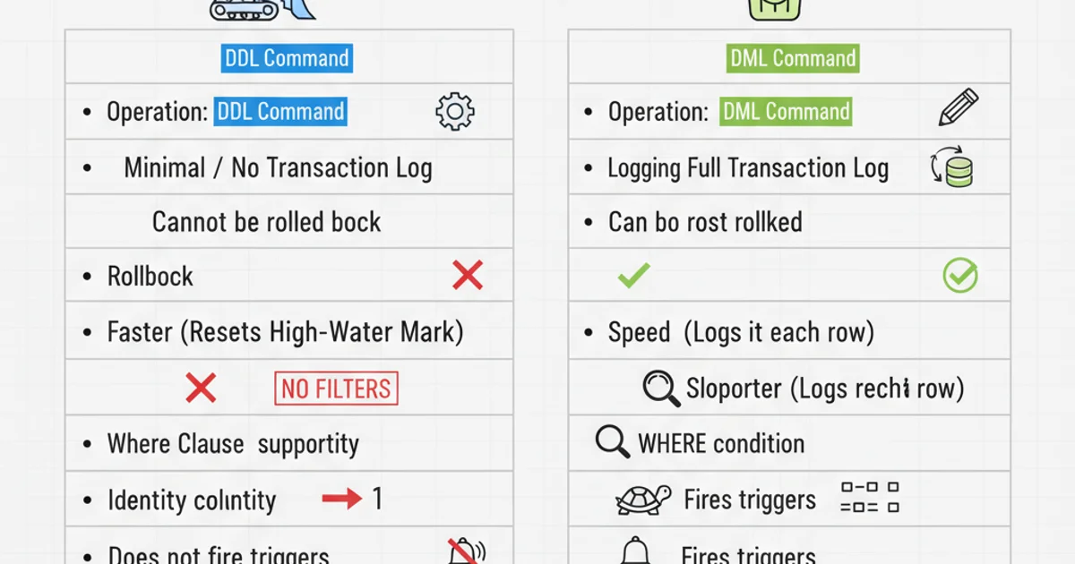 Comparison table showing differences between TRUNCATE TABLE and DELETE FROM.