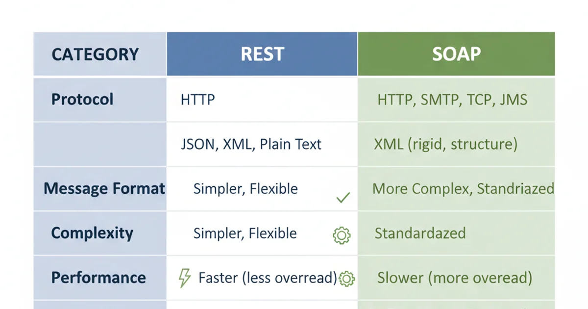 Comparison table highlighting differences between REST and SOAP in terms of protocol, message format, complexity, performance, and use cases.