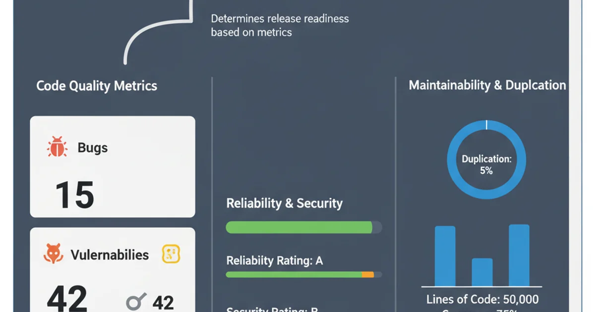 Screenshot of SonarQube dashboard showing project overview, quality gate status, and key metrics like bugs, vulnerabilities, and code smells.