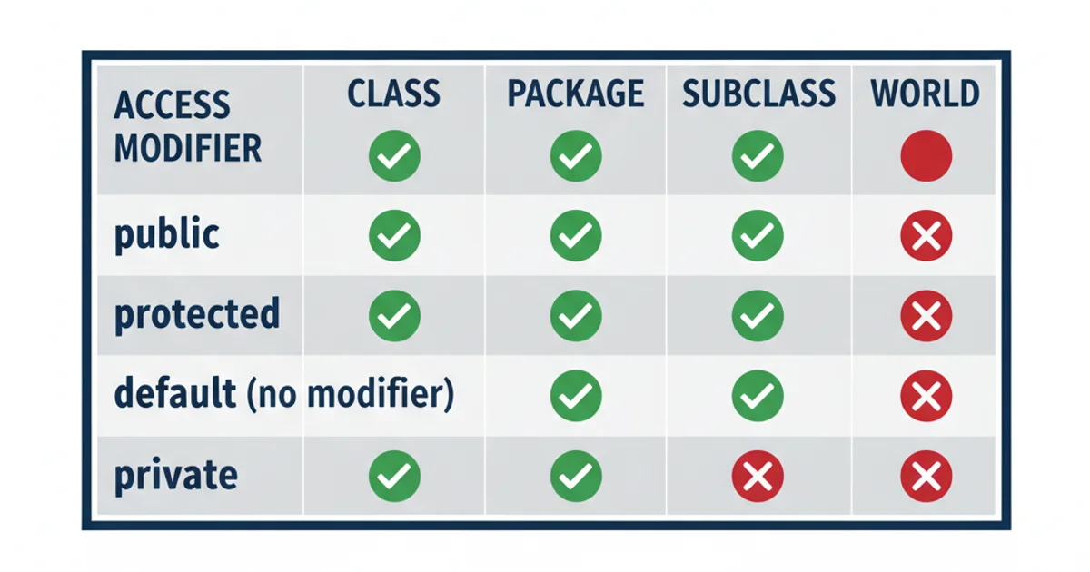 Table summarizing Java access modifier visibility across class, package, subclass, and world.
