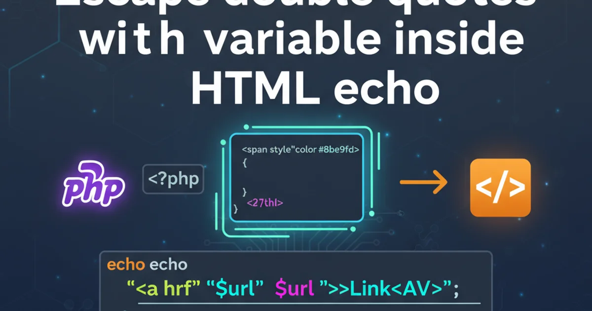 Illustration of PHP code interacting with HTML tags, showing escaped quotes and variables.