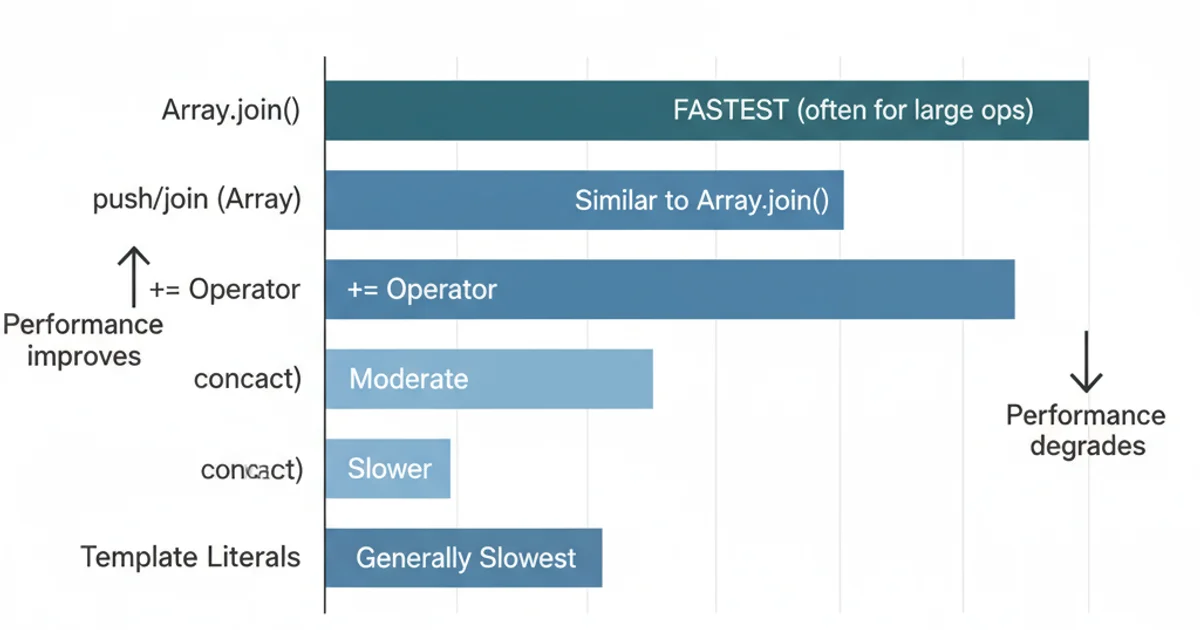A chart comparing the performance of different string concatenation methods in JavaScript, showing Array.join() as generally fastest for large operations.