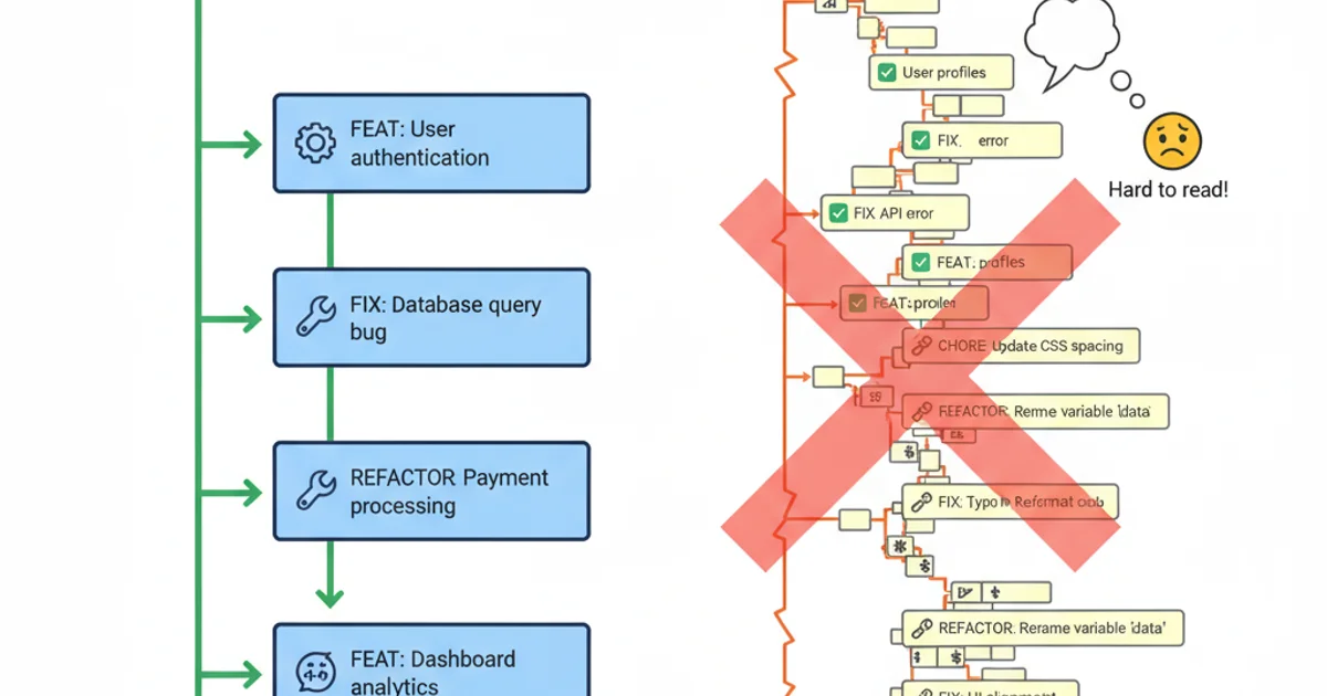 A comparison showing a 'clean' git log with only functional changes versus a 'noisy' git log cluttered with cosmetic changes.