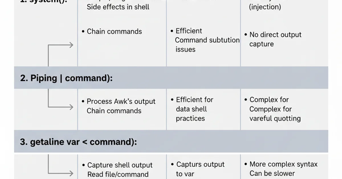A comparison table illustrating the pros and cons of system(), piping, and getline for passing variables between Awk and shell. Columns for 'Method', 'Use Case', 'Pros', 'Cons'. Each method has a row with bullet points. Clean, technical style.