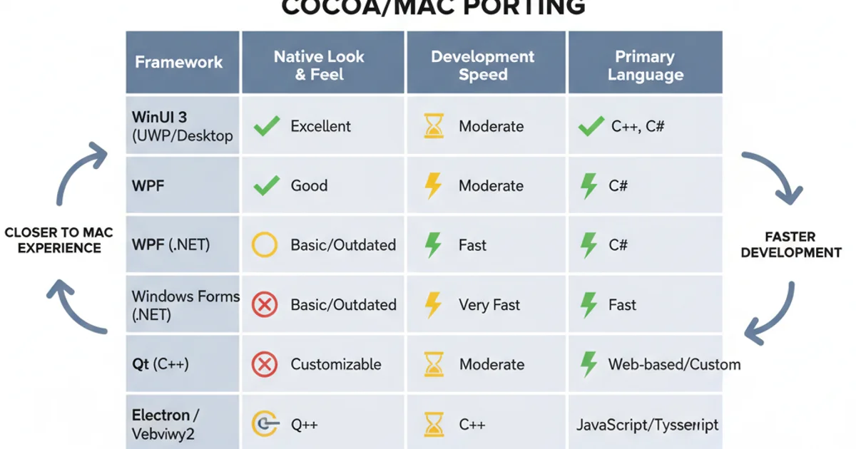 Table comparing different Windows UI frameworks for porting, highlighting native look, development speed, and language.