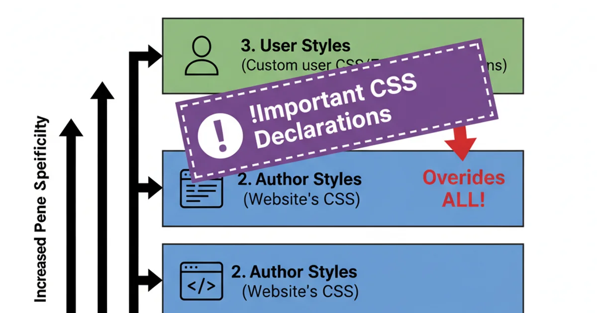 A layered diagram showing the CSS cascade order: User Agent Styles at the bottom, then Author Styles, and finally User Styles at the top, with 'Important!' overriding everything. Arrows indicate increasing specificity and precedence.