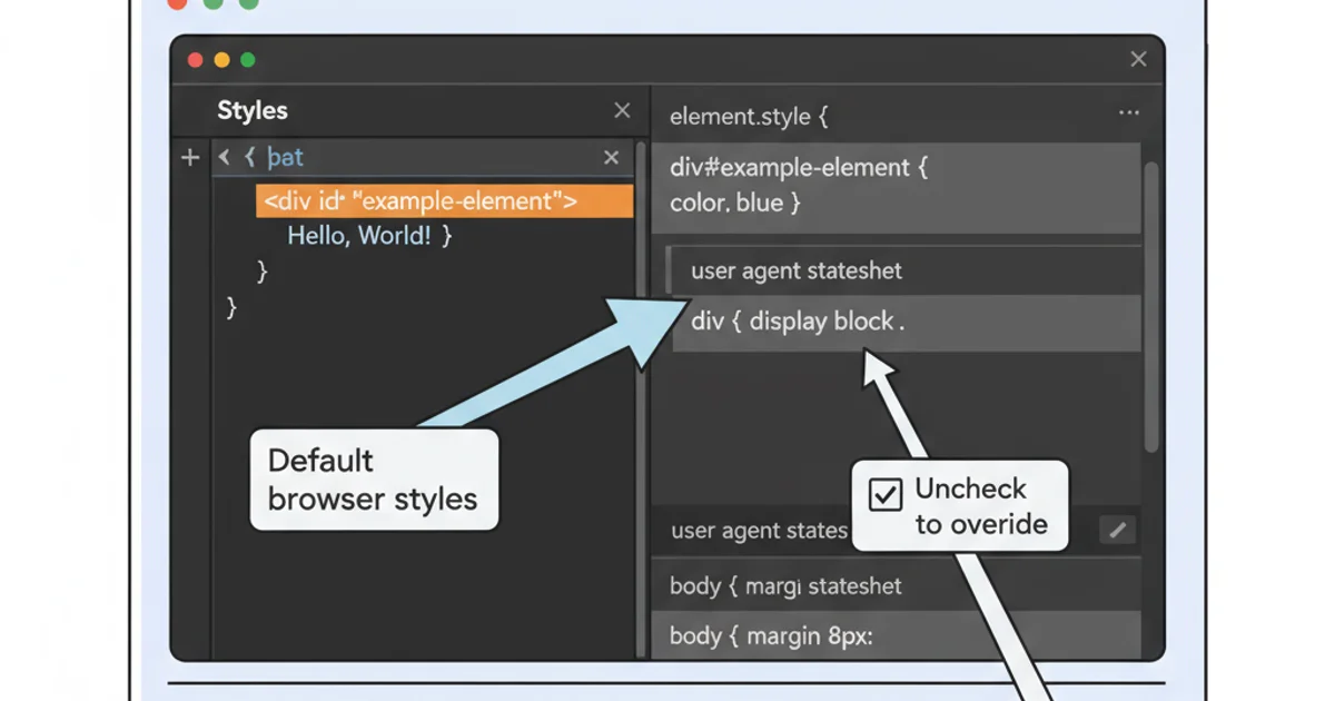 A screenshot of Chrome DevTools showing the 'Styles' pane with an HTML element selected. Several CSS rules are visible, and one rule is clearly labeled 'user agent stylesheet' in gray text, indicating its origin.