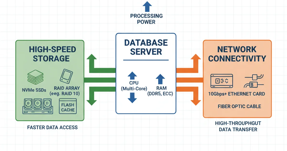 Diagram showing a database server connected to high-speed storage (SSDs, RAID) and a network, illustrating hardware components for performance.