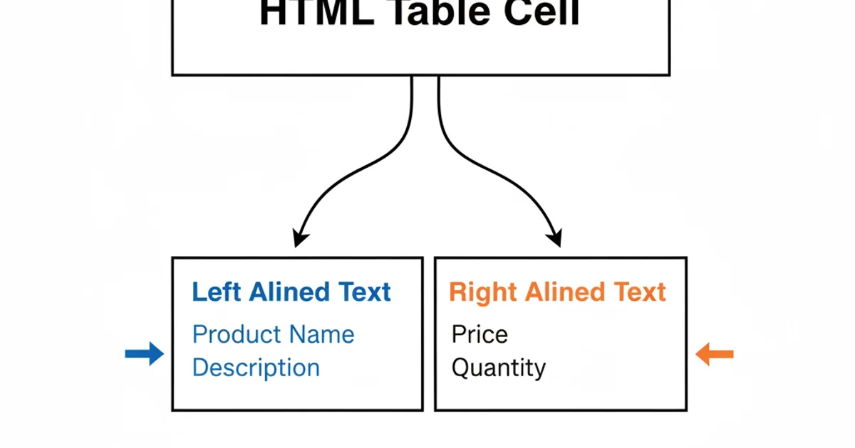 A conceptual diagram showing a single HTML table cell divided into two logical sections. The left section contains 'Left Aligned Text' and the right section contains 'Right Aligned Text'. An arrow points from the cell to the two sections, illustrating the need for internal structuring. Simple, clean lines.