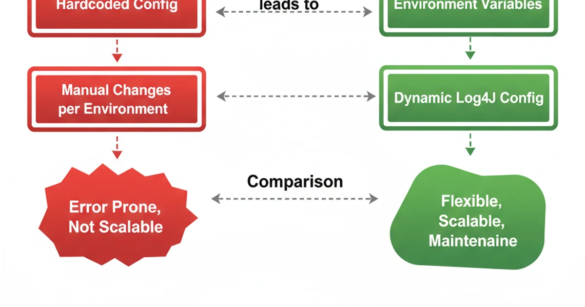 A workflow diagram illustrating the problem and solution. Left side: 'Hardcoded Config' box pointing to 'Manual Changes per Environment' box, leading to 'Error Prone, Not Scalable'. Right side: 'Environment Variables' box pointing to 'Dynamic Log4j Config' box, leading to 'Flexible, Scalable, Maintainable'. Arrows show flow. Use red for problem, green for solution.