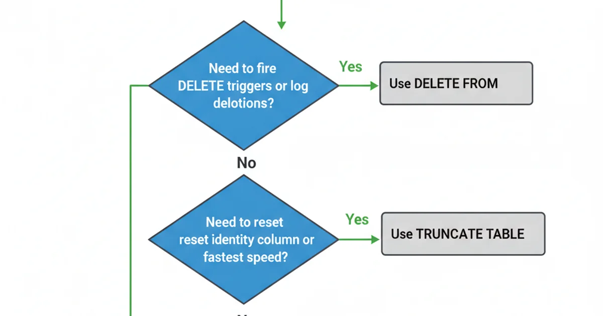 A flowchart diagram illustrating the decision process for choosing a table emptying method in SSIS. Start node leads to 'Need to fire DELETE triggers or log deletions?'. If Yes, go to 'Use DELETE FROM'. If No, go to 'Need to reset identity column or fastest speed?'. If Yes, go to 'Use TRUNCATE TABLE'. If No, go to 'Is 'Truncate table' option available in destination component?'. If Yes, go to 'Use Destination Component Option'. If No, go back to 'Use TRUNCATE TABLE'. Use rounded rectangles for start/end, diamonds for decisions, and rectangles for actions. Arrows indicate flow.