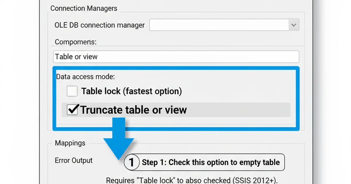 Screenshot of an OLE DB Destination editor in SSIS, highlighting the 'Table lock' and 'Truncate table' options. The 'Truncate table' checkbox is checked.