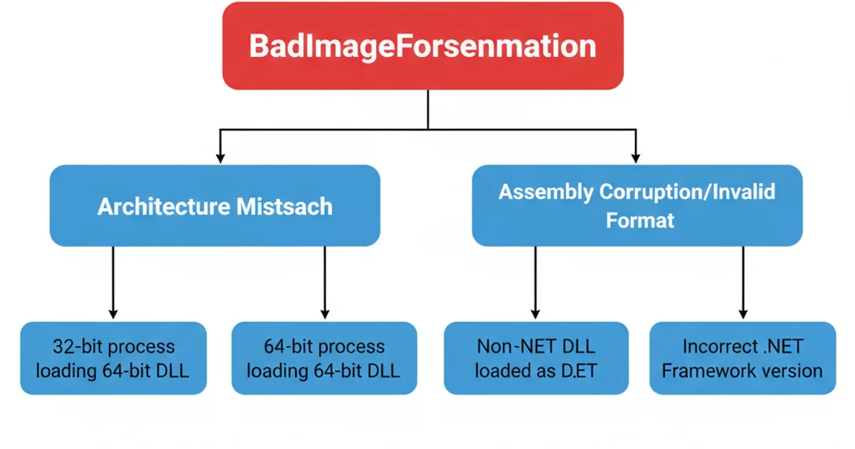 A flowchart diagram illustrating the common causes of BadImageFormatException. Start with 'BadImageFormatException'. Branch into 'Architecture Mismatch' and 'Assembly Corruption/Invalid Format'. 'Architecture Mismatch' further branches into '32-bit process loading 64-bit DLL' and '64-bit process loading 32-bit DLL'. 'Assembly Corruption/Invalid Format' branches into 'Corrupted file', 'Non-.NET DLL loaded as .NET', and 'Incorrect .NET Framework version'. Use blue boxes for causes, red box for the exception, and arrows showing flow.
