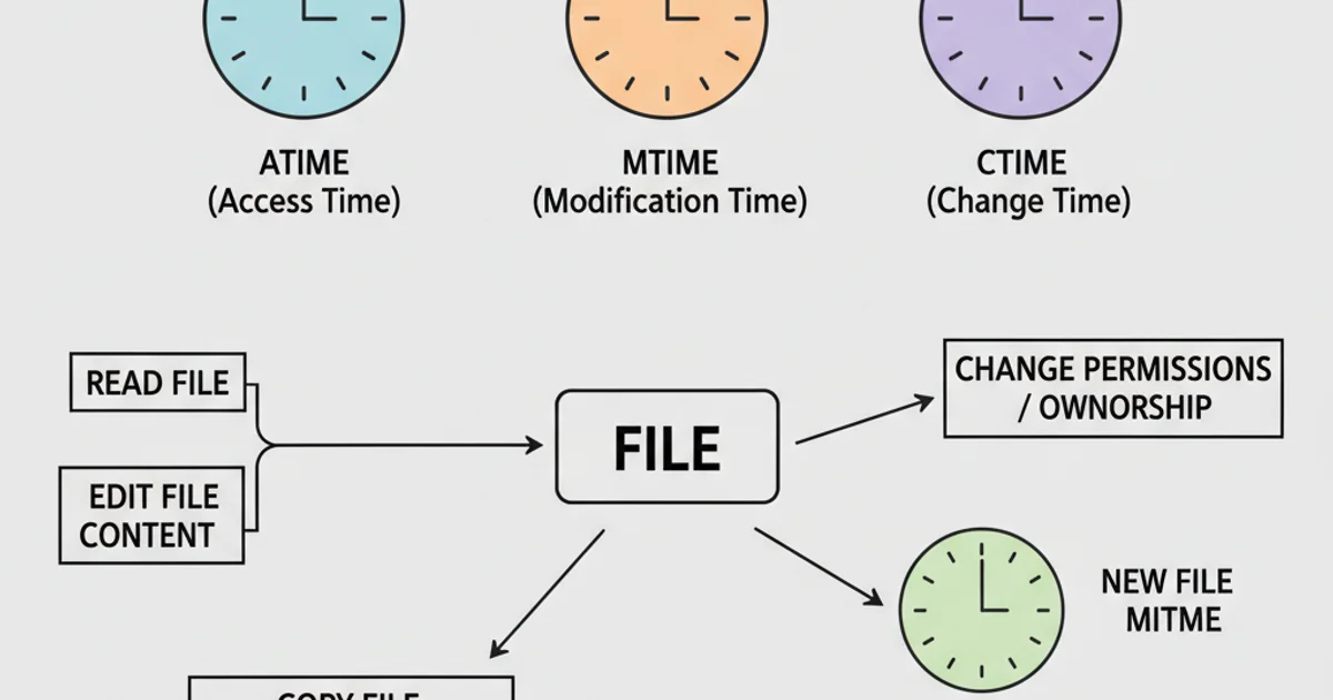 A diagram illustrating the three main file timestamps: atime, mtime, and ctime. Each timestamp is represented by a clock icon with a label, and arrows show which file operations affect each timestamp. For example, 'Read File' affects atime, 'Edit File' affects mtime and ctime, and 'Change Permissions' affects ctime.