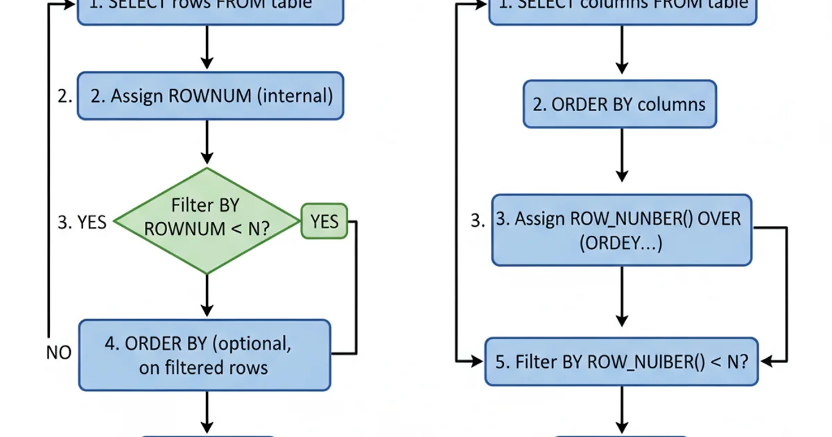 A flowchart comparing the execution flow of ROWNUM vs. ROW_NUMBER() for top N queries. ROWNUM flow: 1. Select rows, 2. Assign ROWNUM, 3. Filter by ROWNUM, 4. Order (if specified, on already filtered rows). ROW_NUMBER() flow: 1. Select rows, 2. Order rows, 3. Assign ROW_NUMBER(), 4. Filter by ROW_NUMBER(). Blue boxes for actions, green diamond for decision, arrows showing flow direction. Clean, technical style.