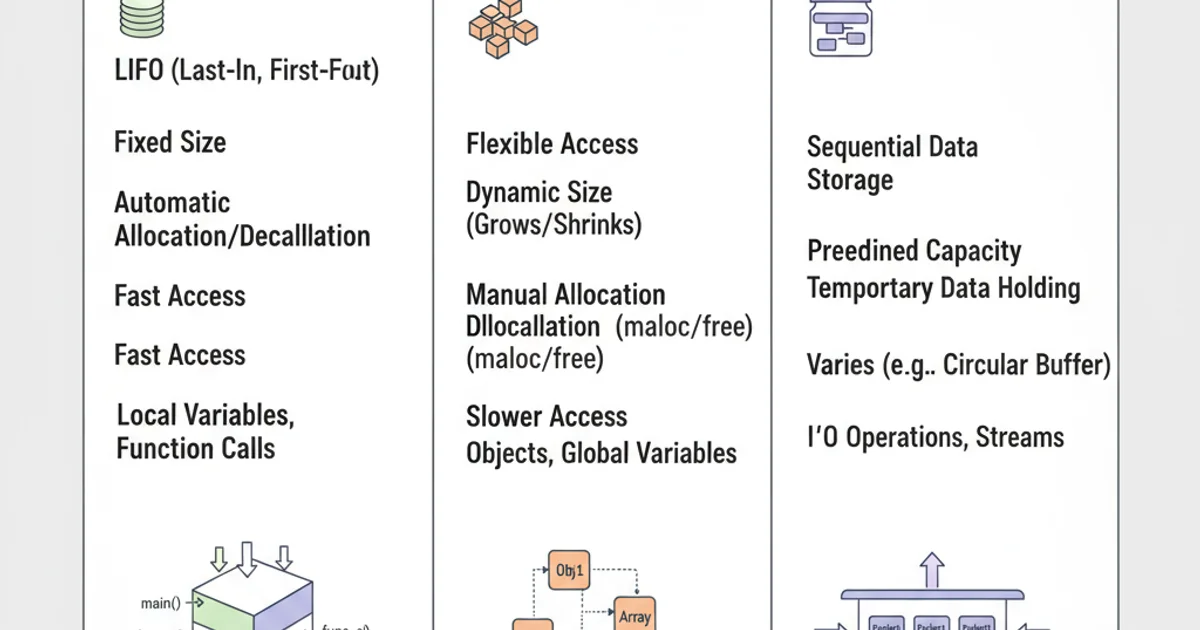 Table comparing Stack, Heap, and Buffer characteristics.