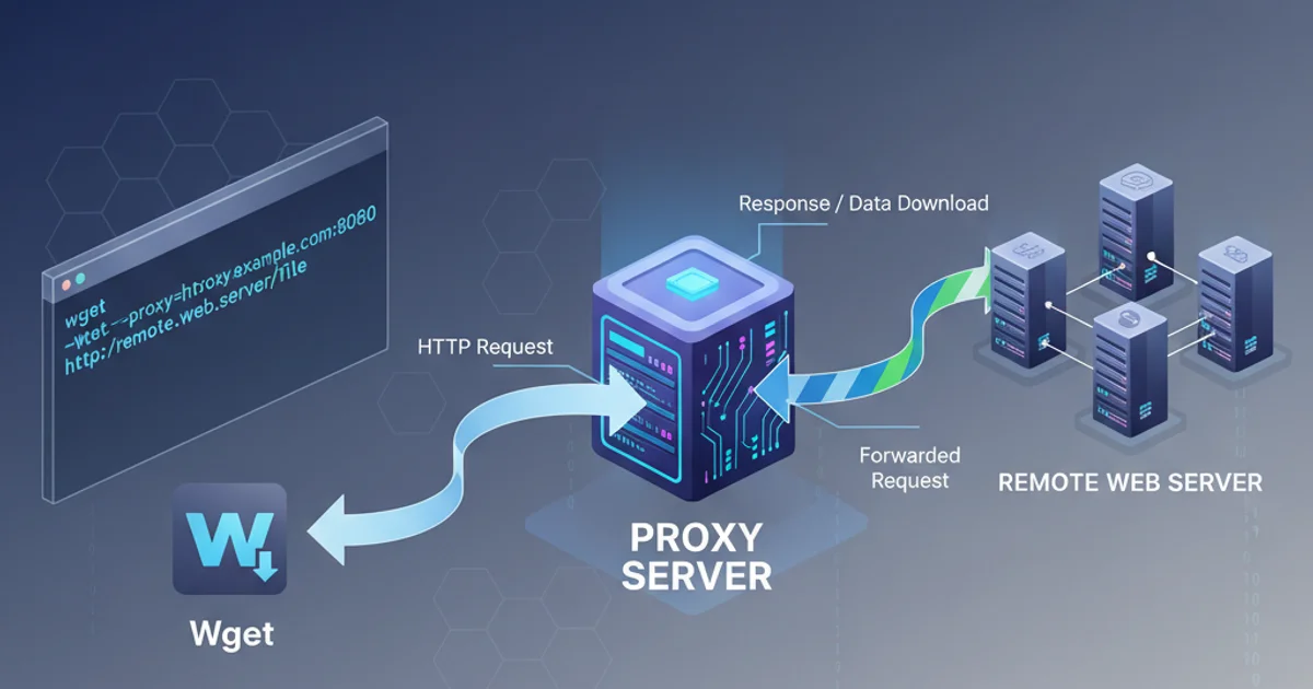Illustration of a Wget command line tool connecting through a proxy server to a remote web server, showing data flow.