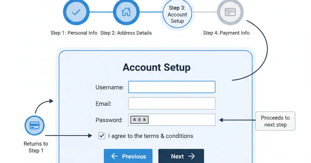 A diagram illustrating a multi-step form process with progress indicators, showing how a complex form is broken down into smaller, manageable sections.