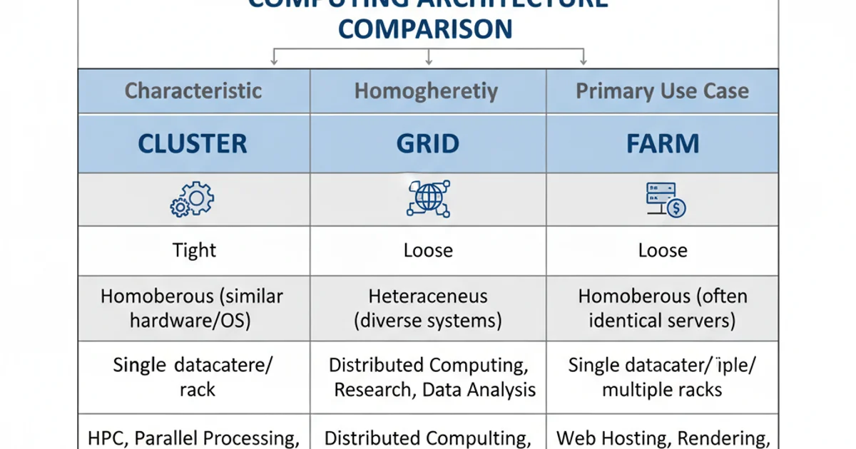 Table comparing computing cluster, grid, and farm based on coupling, homogeneity, location, and primary use case.