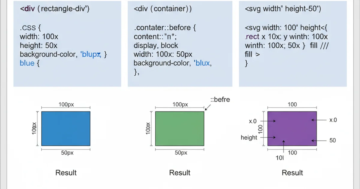 Comparison table showing div, pseudo-element, and SVG methods for drawing rectangles