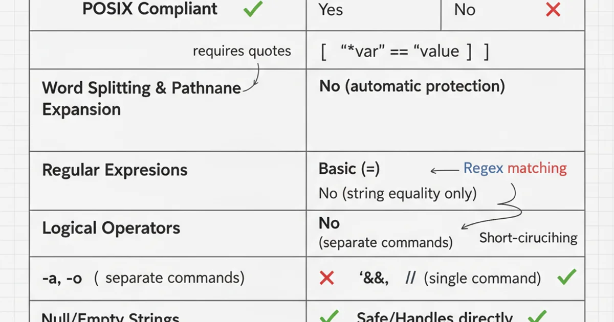 A table comparing the features and behaviors of Bash's [ and [[ commands, highlighting differences in POSIX compliance, word splitting, regex support, and logical operators.