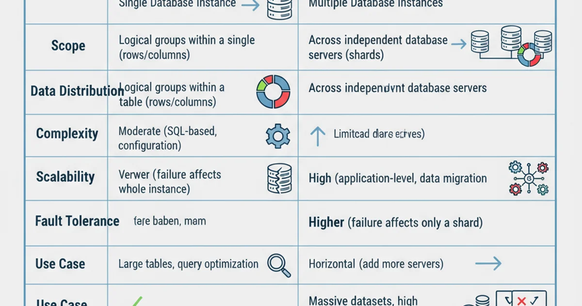 Table comparing database partitioning and sharding across various criteria like scope, complexity, scalability, and fault tolerance.