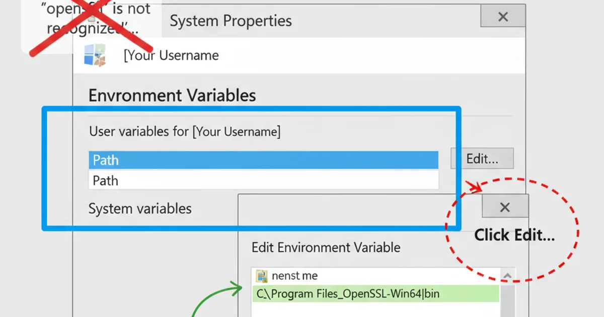Screenshot of Windows Environment Variables window with the Path variable highlighted and the OpenSSL bin directory added.
